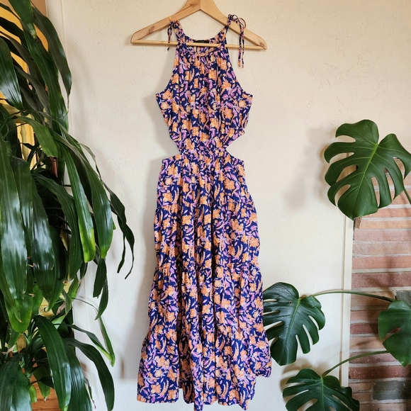 J. Crew Harbor Cotton Side-Cutout Midi Tiered Dress in Painted Block Print Small - Picture 11 of 12